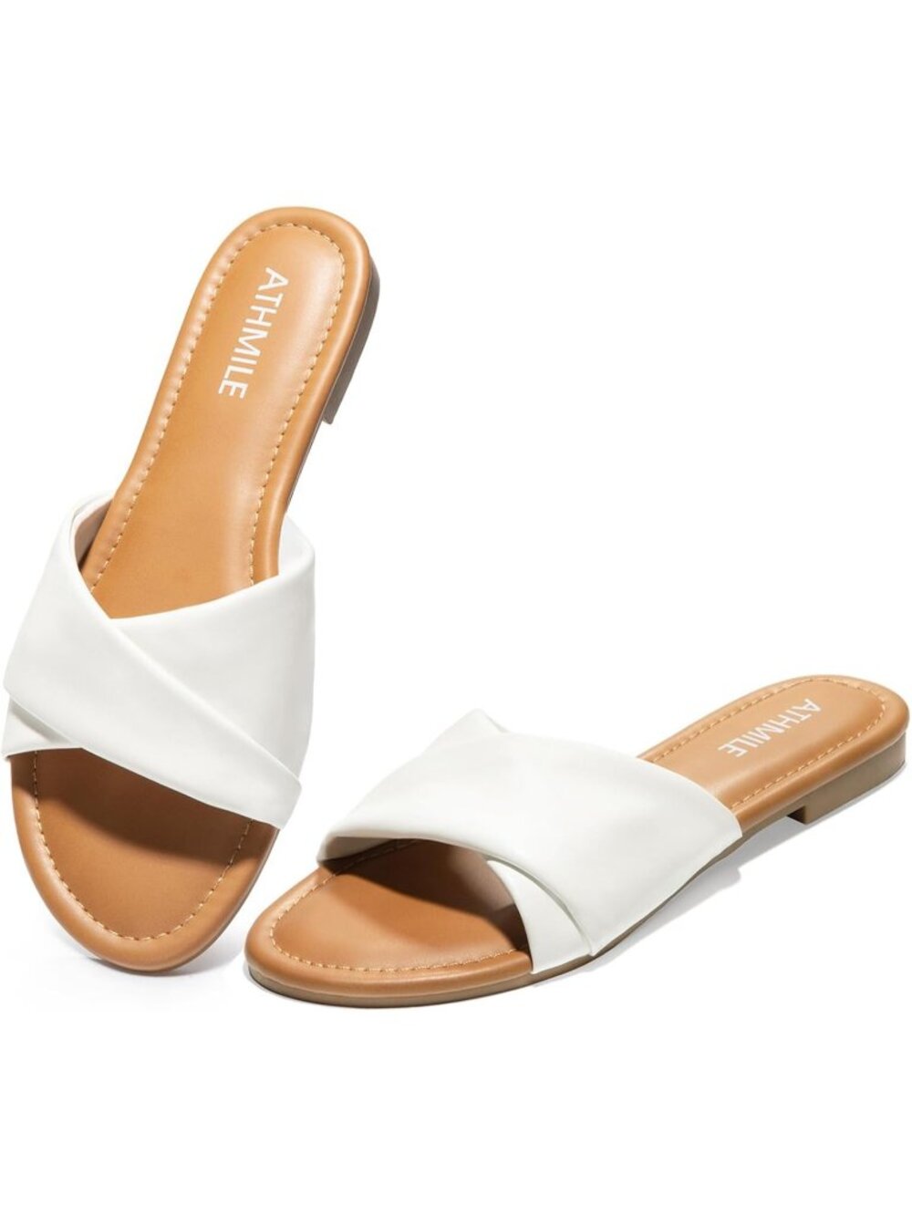 Women's White Summer Comfortable Cute Ladies Slides Leather Fashion Flat Sandals